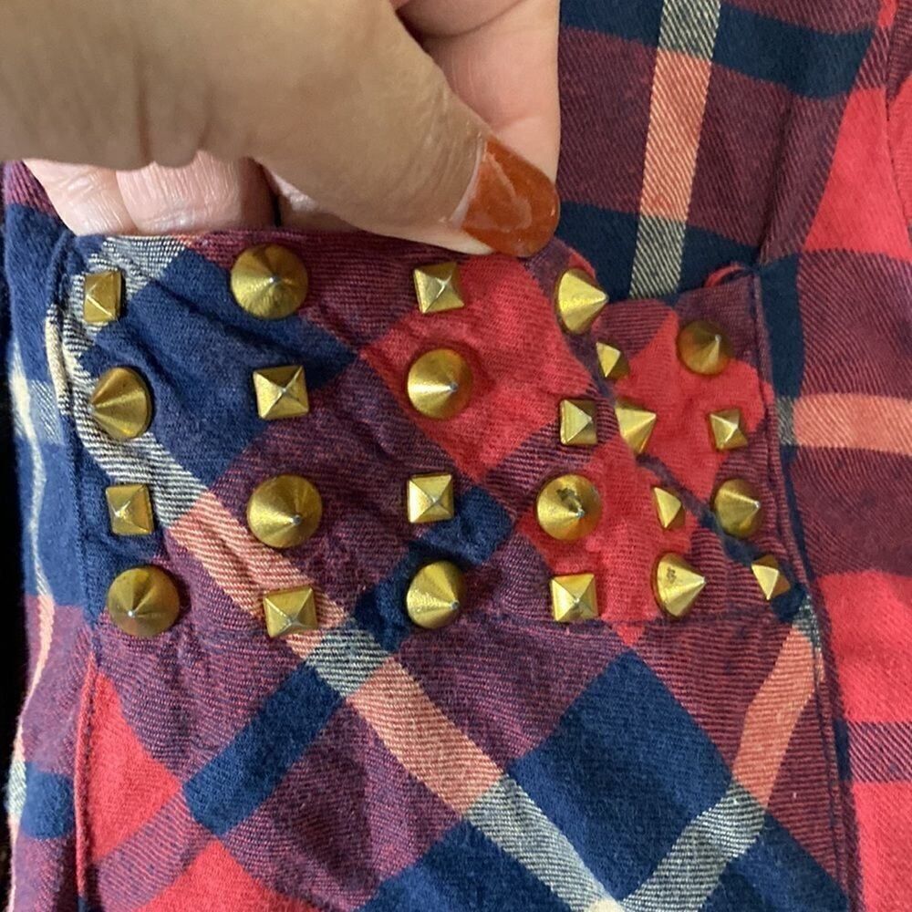 Cotton On Metal Spike Red Flannel Punk Shirt Womens Size Small snaps - Picture 5 of 12